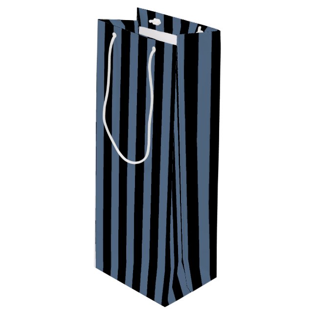 Blue grey and black stripes wine gift bag (Front Angled)