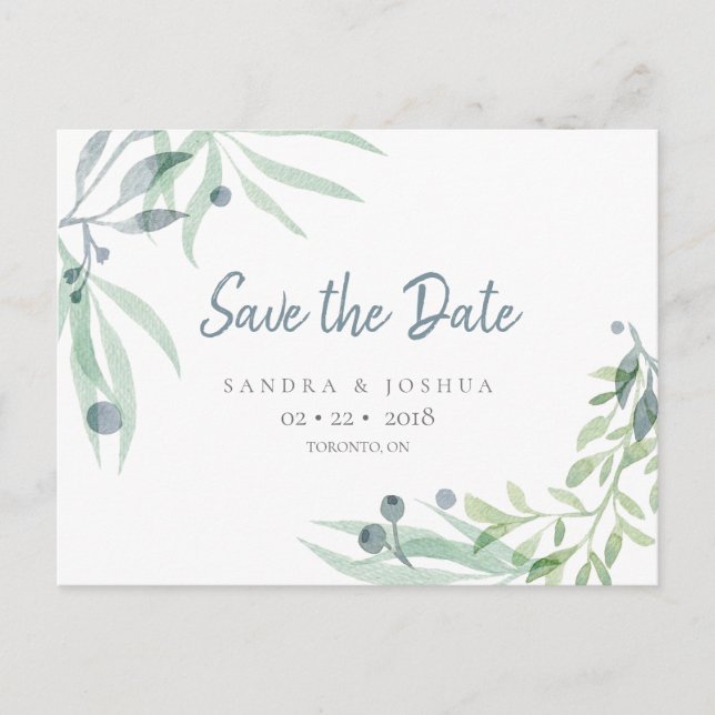 Blue Grey and Botanical Save the Date Postcard (Front)