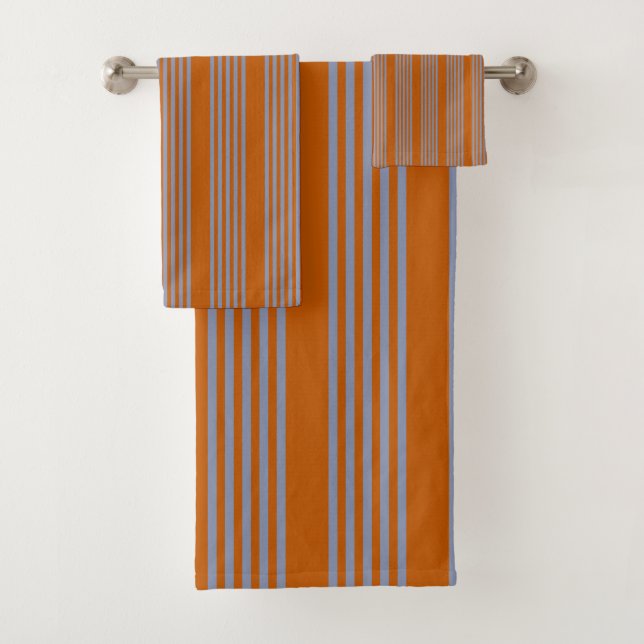Blue-grey and burnt orange five stripe pattern bath towel set (Insitu)