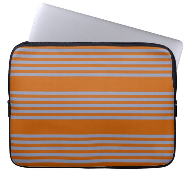 Blue-grey and burnt orange five stripe pattern laptop sleeve (Front)