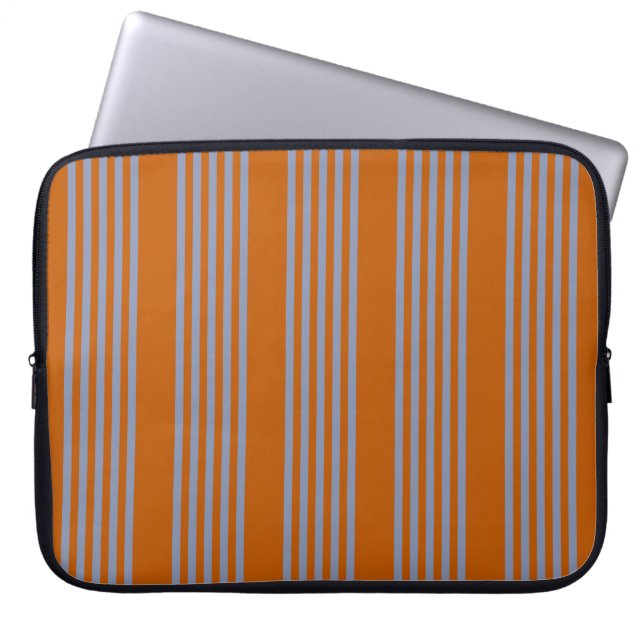 Blue-grey and burnt orange five stripe pattern laptop sleeve (Front)