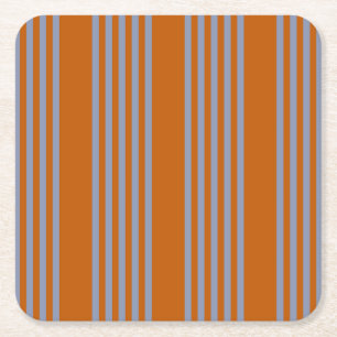 Blue-grey and burnt orange five stripe pattern square paper coaster