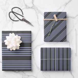 Blue-grey and charcoal five stripe pattern wrapping paper sheet
