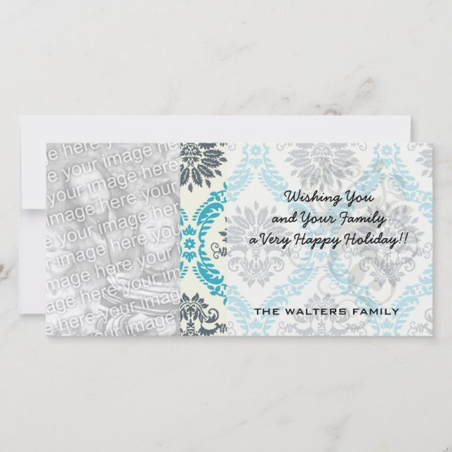 blue grey and cream elegant damask holiday card (Front)