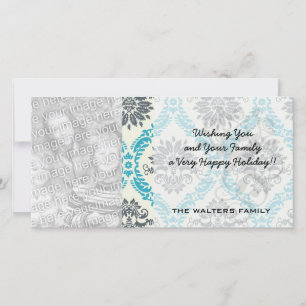 blue grey and cream elegant damask holiday card