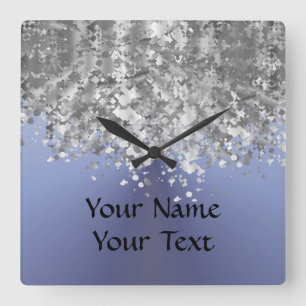 Blue grey and faux glitter square wall clock
