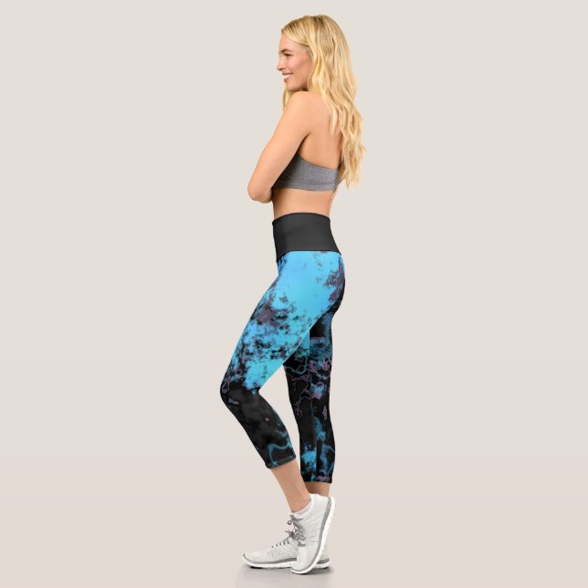 Blue, Grey and Purple Marble Abstract Capri Leggings (Left)