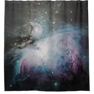 Blue, grey, and purple nebula shower curtain