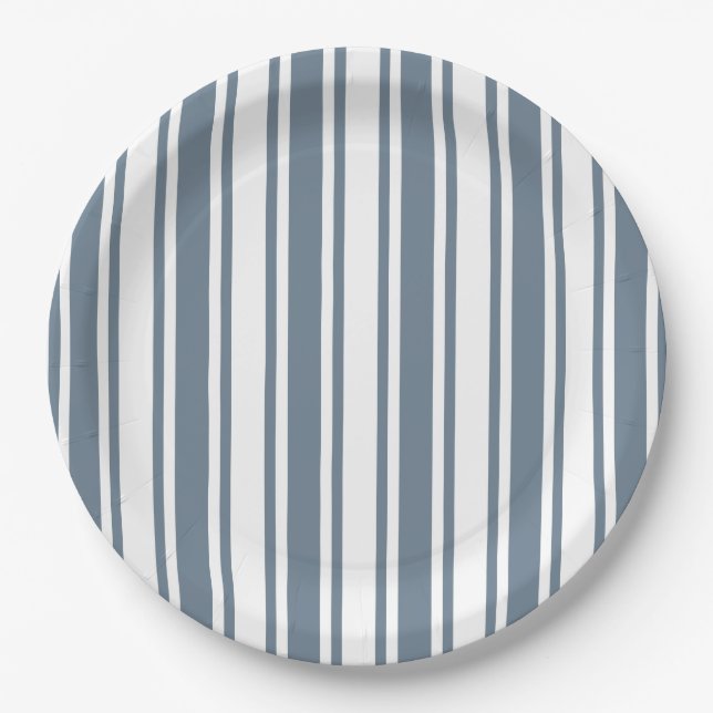 Blue-grey and white candy stripes paper plate (Front)