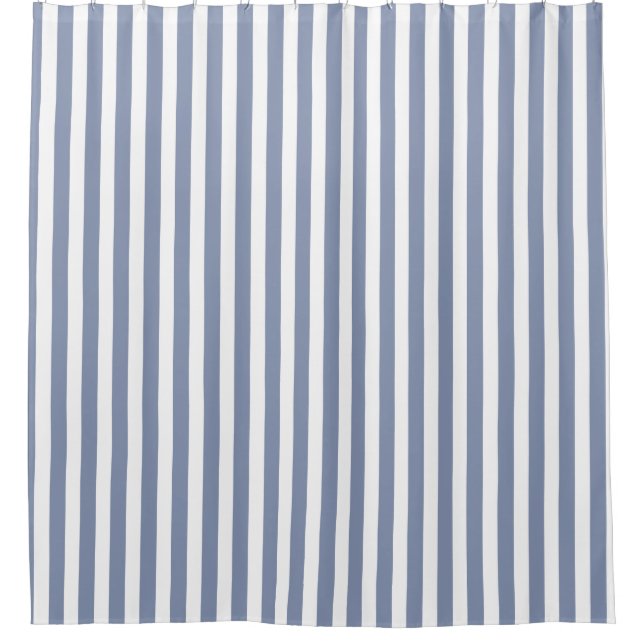 Blue grey and white candy stripes shower curtain (Front)