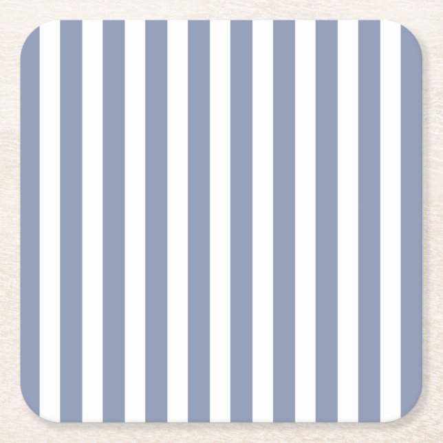 Blue grey and white candy stripes square paper coaster (Front)