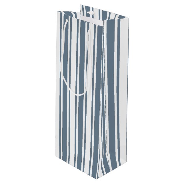 Blue-grey and white candy stripes wine gift bag (Front Angled)