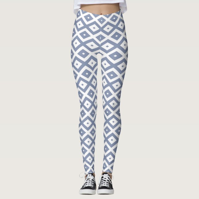 Blue grey and white diamond pattern leggings (Front)