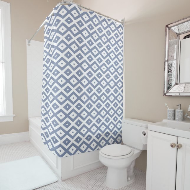 Blue grey and white diamond pattern shower curtain (In Situ)