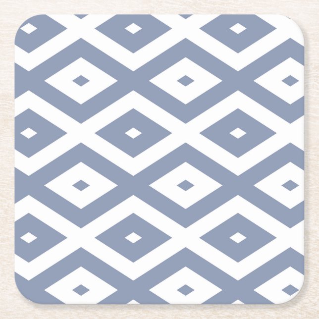 Blue grey and white diamond pattern square paper coaster (Front)