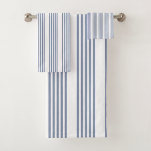 Blue-grey and white five stripe pattern bath towel set