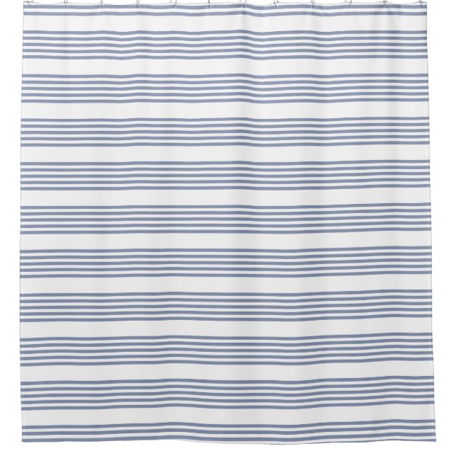 Blue-grey and white five stripe pattern shower curtain (Front)