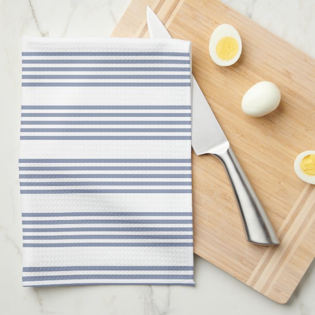 Blue-grey and white five stripe pattern tea towel (Quarter Fold)