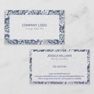 Blue-grey and white floral damasks business card