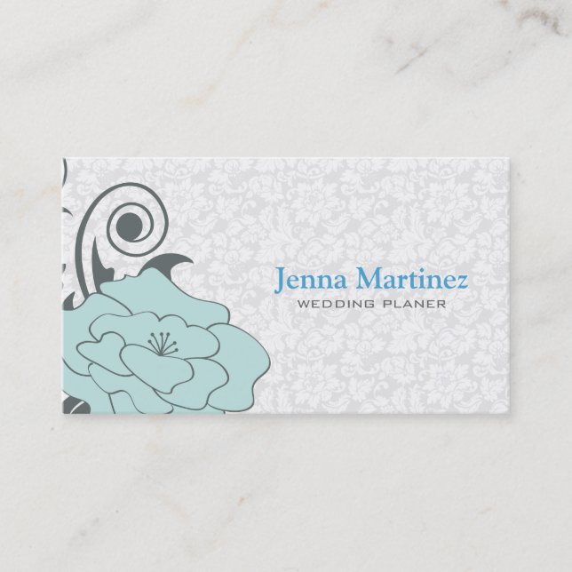 Blue Grey And White Floral Design Business Card (Front)