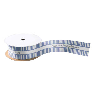 Blue grey and White Stripe Pattern Happy Birthday Satin Ribbon