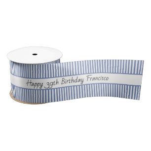 Blue Grey and White Stripe Pattern Happy Birthday Satin Ribbon
