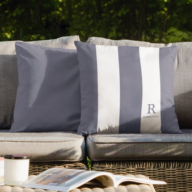 Blue Grey and White Stripes Monogram Name Outdoor Cushion (Creator Uploaded)