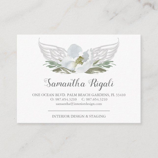 Blue Grey Angel Wings Floral Business Cards (Front)
