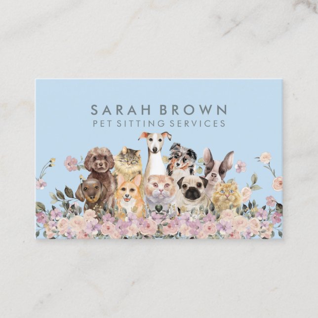 Blue Grey Animal Flowers Pet Dogs Cats Business Card (Front)