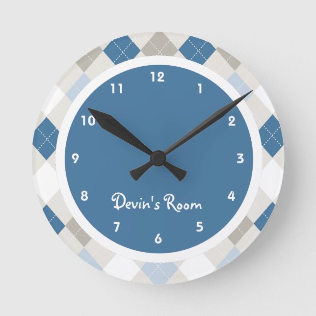 Blue & Grey Argyle Kid's Bedroom Round Clock (Front)
