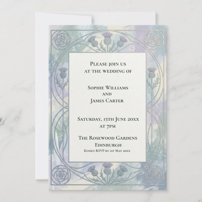 Blue Grey Art Nouveau Wedding Invitation (Front)