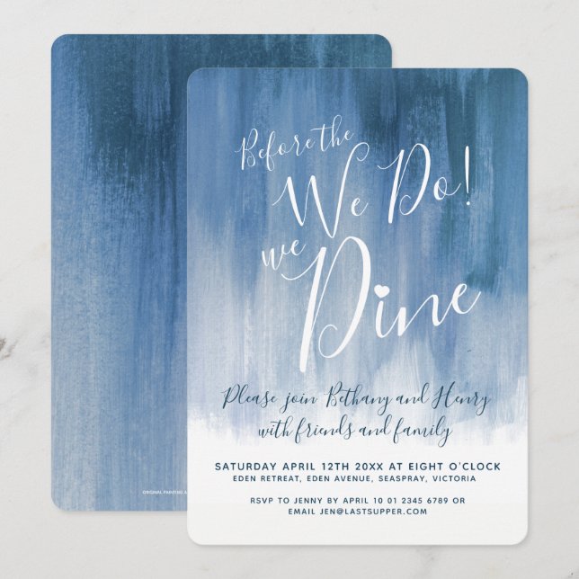 Blue grey art rehearsal dinner before we do invitation (Front/Back)