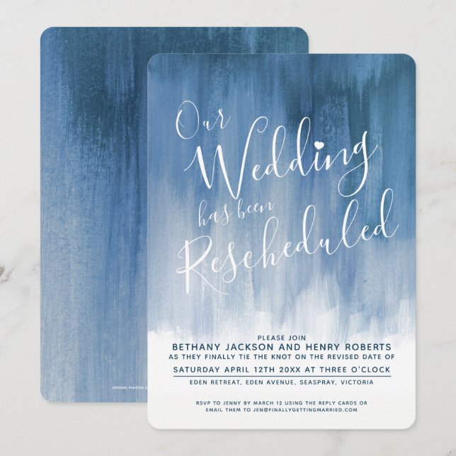 Blue grey art rescheduled wedding invitation (Front/Back)