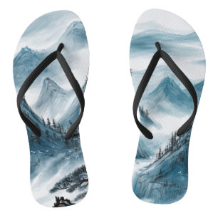 Blue-grey Artistic Mountain Painting Chinoiserie Flip Flops