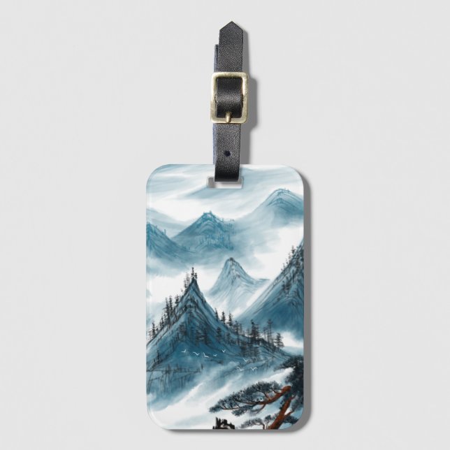 Blue-grey Artistic Mountains Painting Chinoiserie Luggage Tag (Front Vertical)