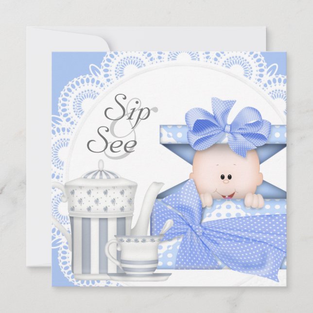 Blue Grey Baby Boy Sip And See Invitations (Front)