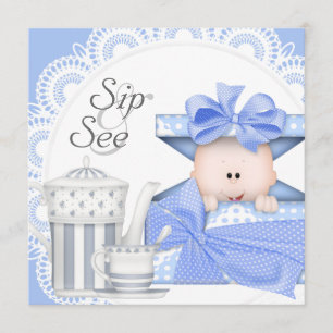 Blue Grey Baby Boy Sip And See Invitations