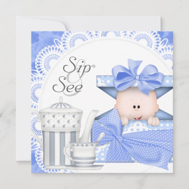 Blue Grey Baby Boy Sip And See Invitations (Front)