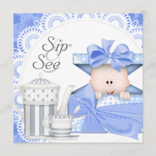 Blue Grey Baby Boy Sip And See Invitations