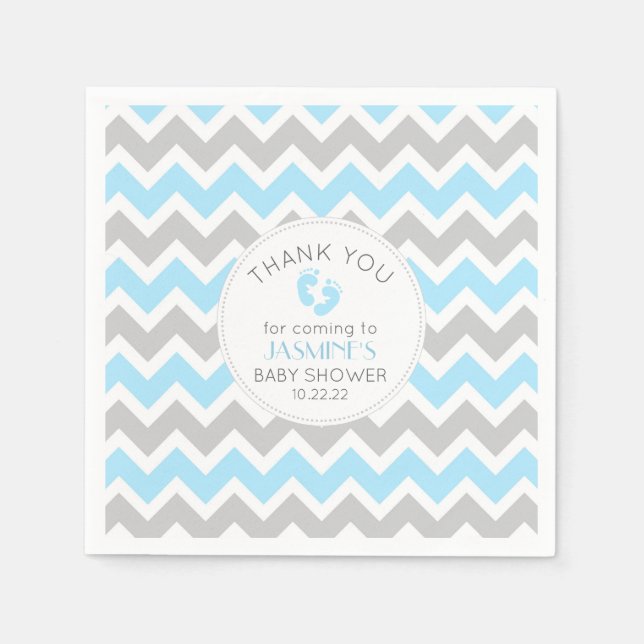 Blue Grey Baby Shower decor, modern chevron Napkin (Front)