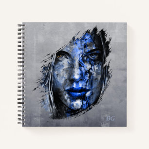 Blue Grey Bad Girl face and monogram Notebook