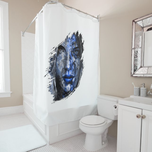 Blue Grey Bad Girl face Shower Curtain (In Situ)