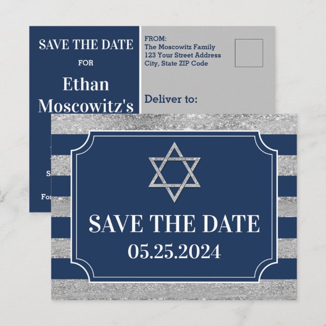 Blue, Grey Bar Mitzvah Save the Date Postcard (Front/Back)