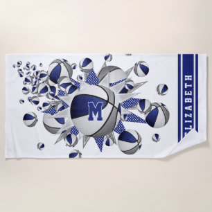 blue grey basketballs stars girls monogrammed beach towel