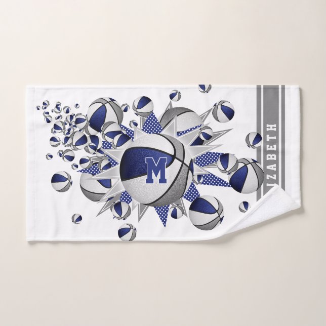 blue grey basketballs stars girls monogrammed hand towel (Hand Towel)