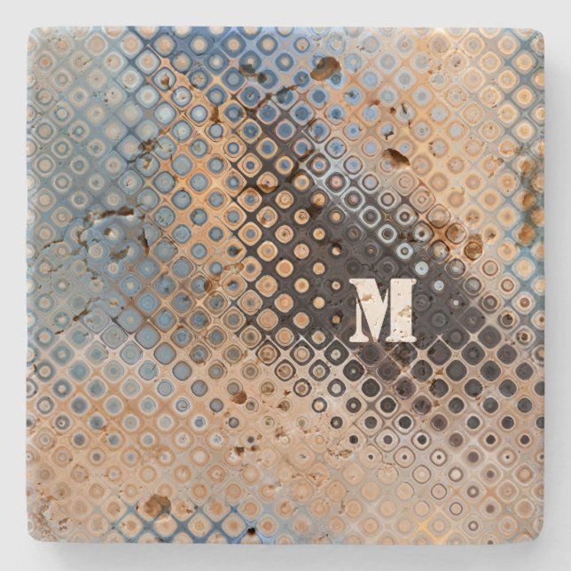 Blue Grey Beige Glass Dot Pattern Stone Coaster (Front)