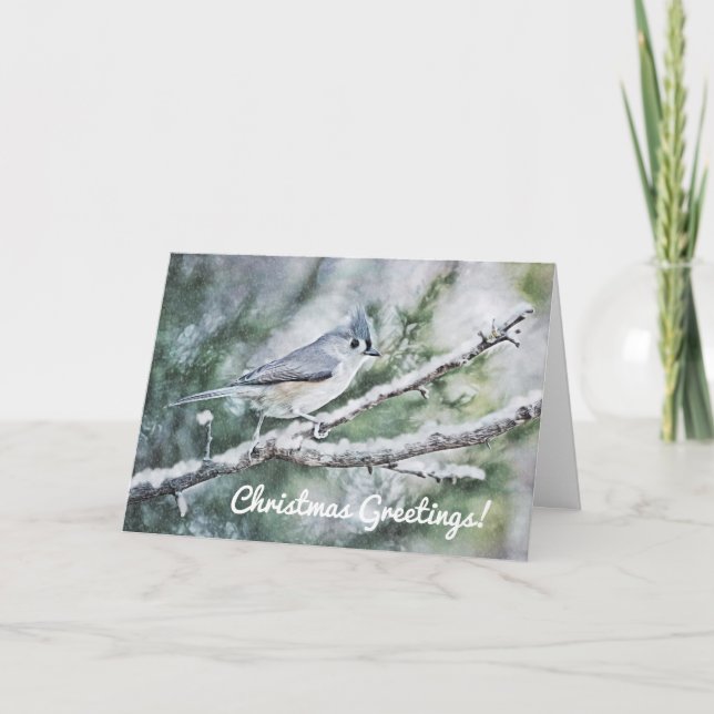 Blue Grey Bird in Snow Christmas Card (Front)