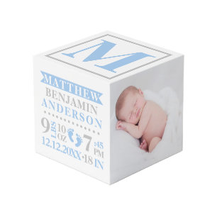 Blue Grey Birth Stats BABY Boy Keepsake PHOTO Cube