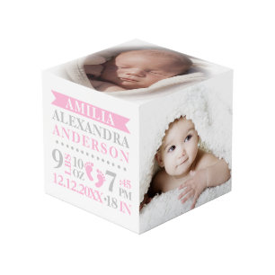 Blue Grey Birth Stats BABY Girl Keepsake PHOTO Cube