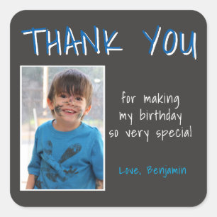 Blue Grey Birthday Boy Photo Thank you Favour Square Sticker